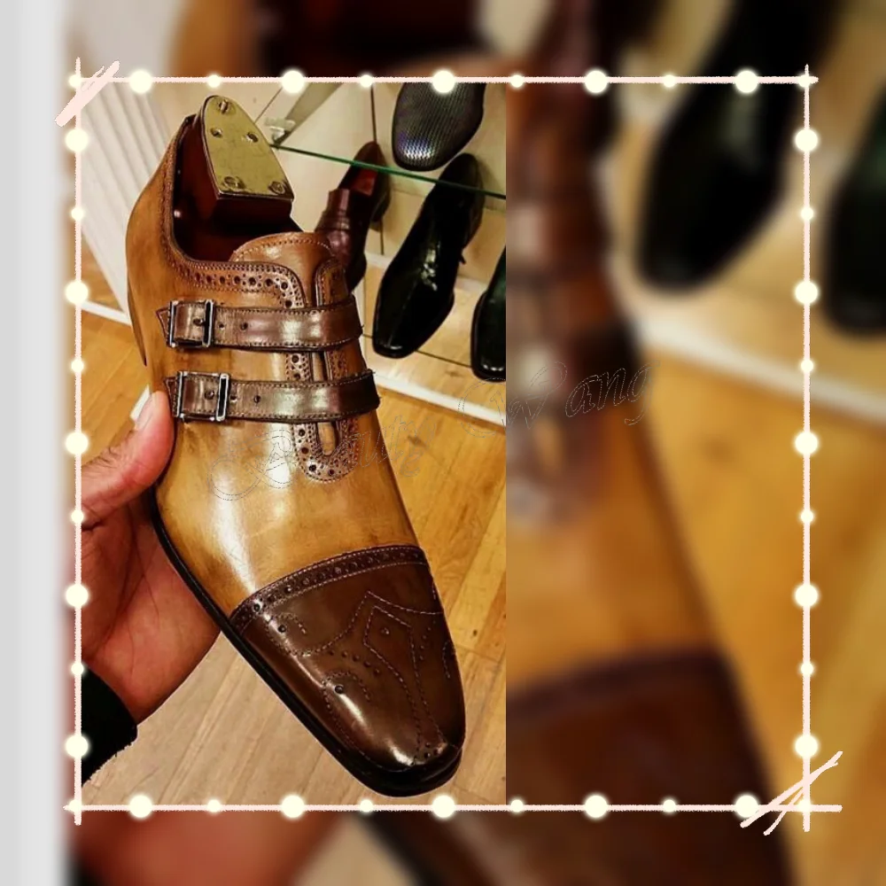 

Brown Two Belt Patchwork Men Shoes Slip on Soft Pumps Men's Dress Shoes Gentlemen Slip on Party Shoes Big Size 47 Sprig Autumn