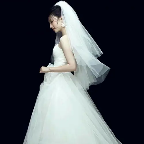 Short Two-Layer Puffy Wedding Velo De Novia White Ivory Tulle Bride Veil Cut Edge Cheap Voile Mariage Welon Accessories