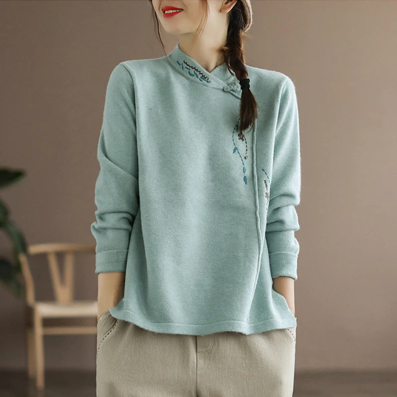 

Осень-зима модный пуловер с воротником-стойкой и длинными рукавами, женские винтажные топы в китайском этническом стиле с вышивкой, элегантная толстая футболка