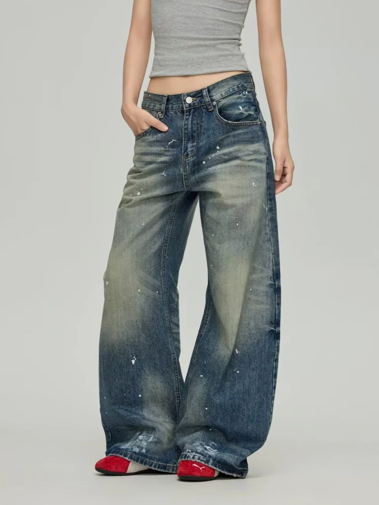 Spodnie jeansowe damskie 2025 Cyber Y2K Streetwear Vintage Blue Paninting Baggy z szerokimi nogawkami, spodnie dżinsowe damskie, pantalon femme