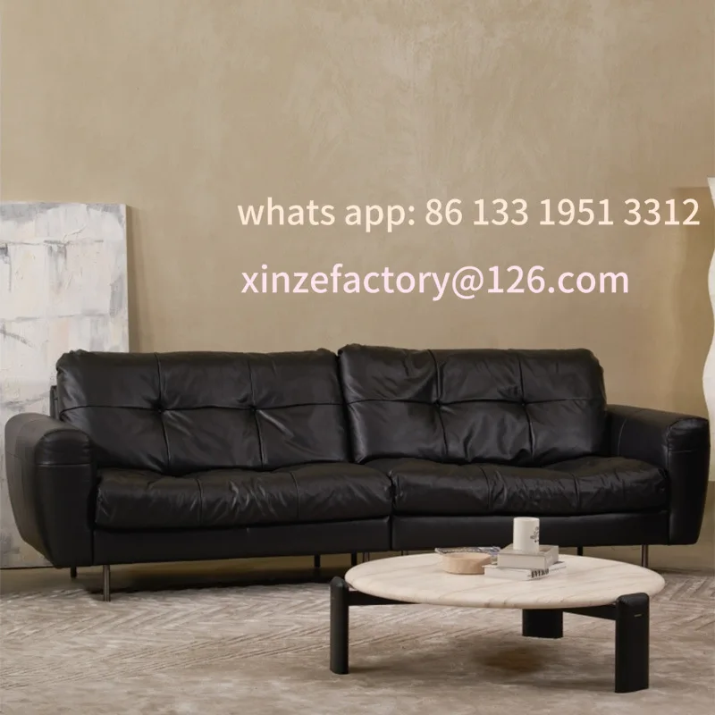 

Customizable sofa living room first layer cowhide retro style black leather small apartment two-person high-footed sofa