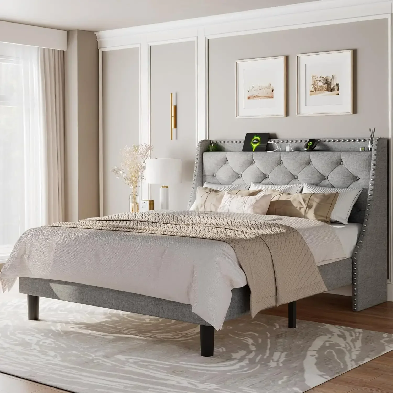 Queen Bed Frame with Luxury Wingback Upholstered Button Tufted Storage Headboard, Queen Platform Bed with Charging Station