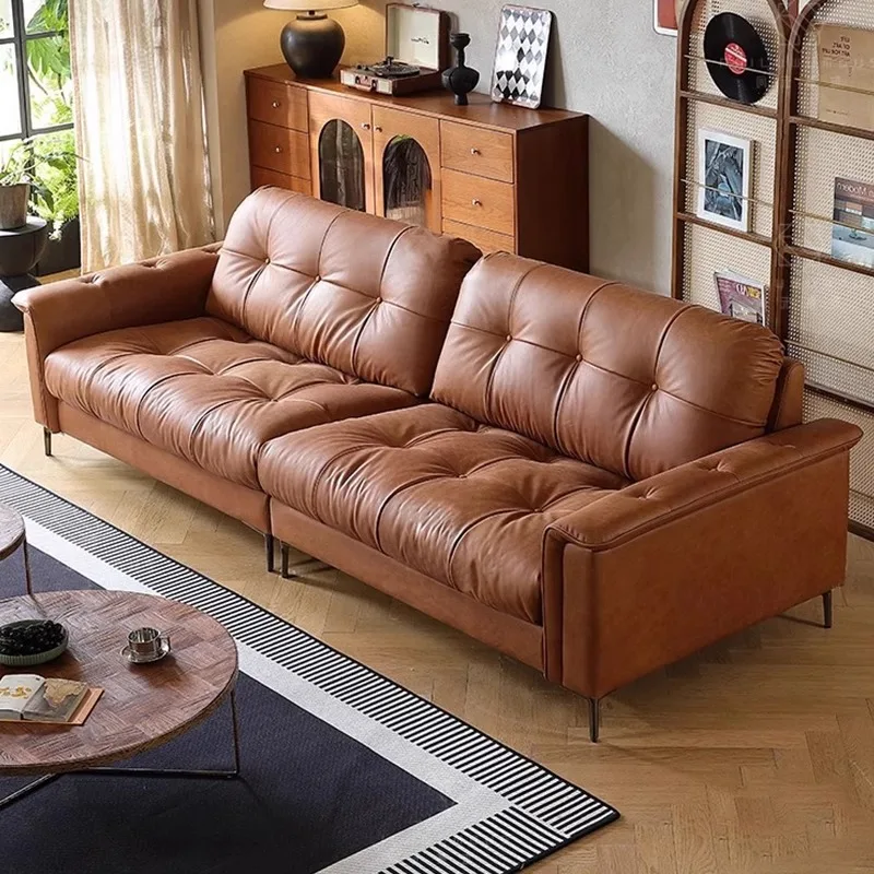 Retro oil wax leather medieval sofa caramel color living room small apartment nebula sofa three people straight row leather