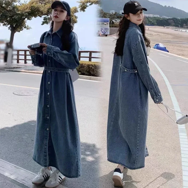 2026 Retro Long Sleeve Denim Dress Casual Loose Slimming Long Shirt Dress Autumn New Style A-Line Skirt Cotton Polyester Blend