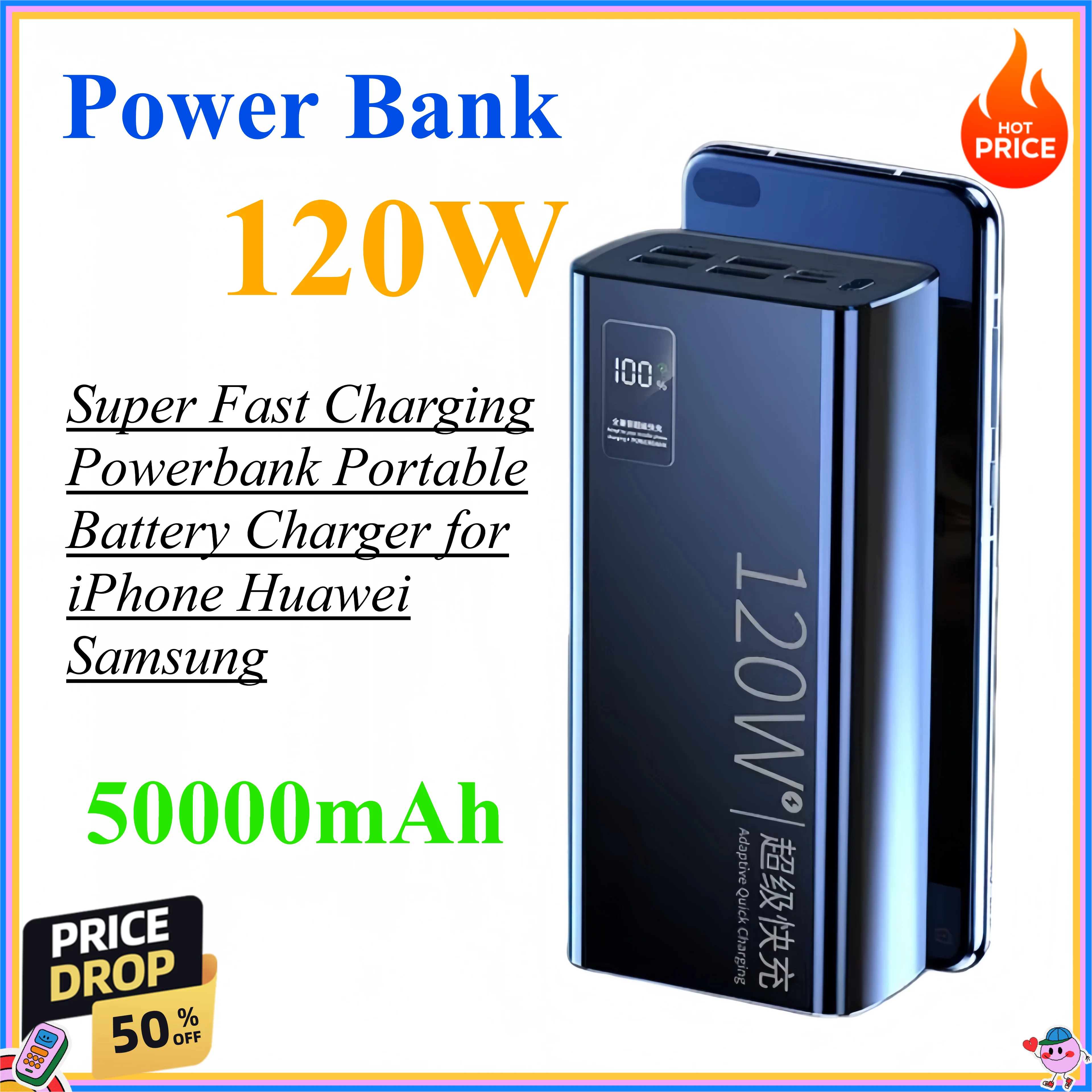 50000mAh Power Bank 120W Super Fast Charging Powerbank Portable External Battery Charger for iPhone Huawei Samsung