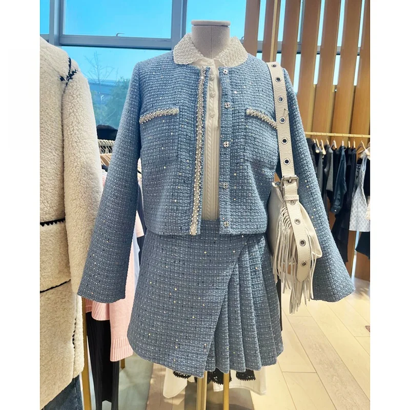 

Синий тяжелый твидовый комплект, верхняя юбка HEIDD M, домашний комплект 2022, весенний маленький комплект Fraance Sle Faion, женский костюм из полиэфирной ткани