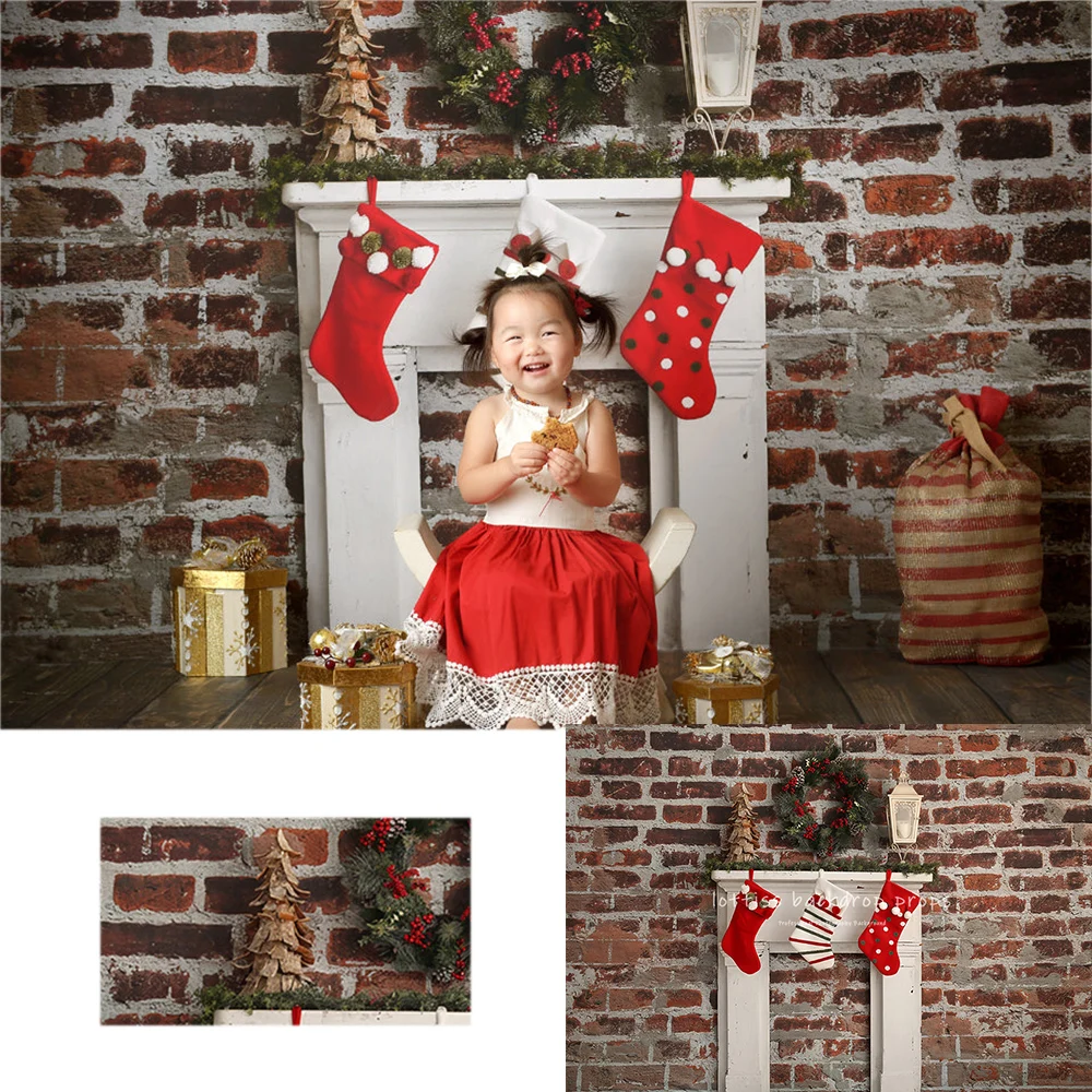 

Xmas Fireplace Backdrops Kids Baby Photography Props Child Adult Photocall Decors Red Brick Wall Christmas Backgrounds