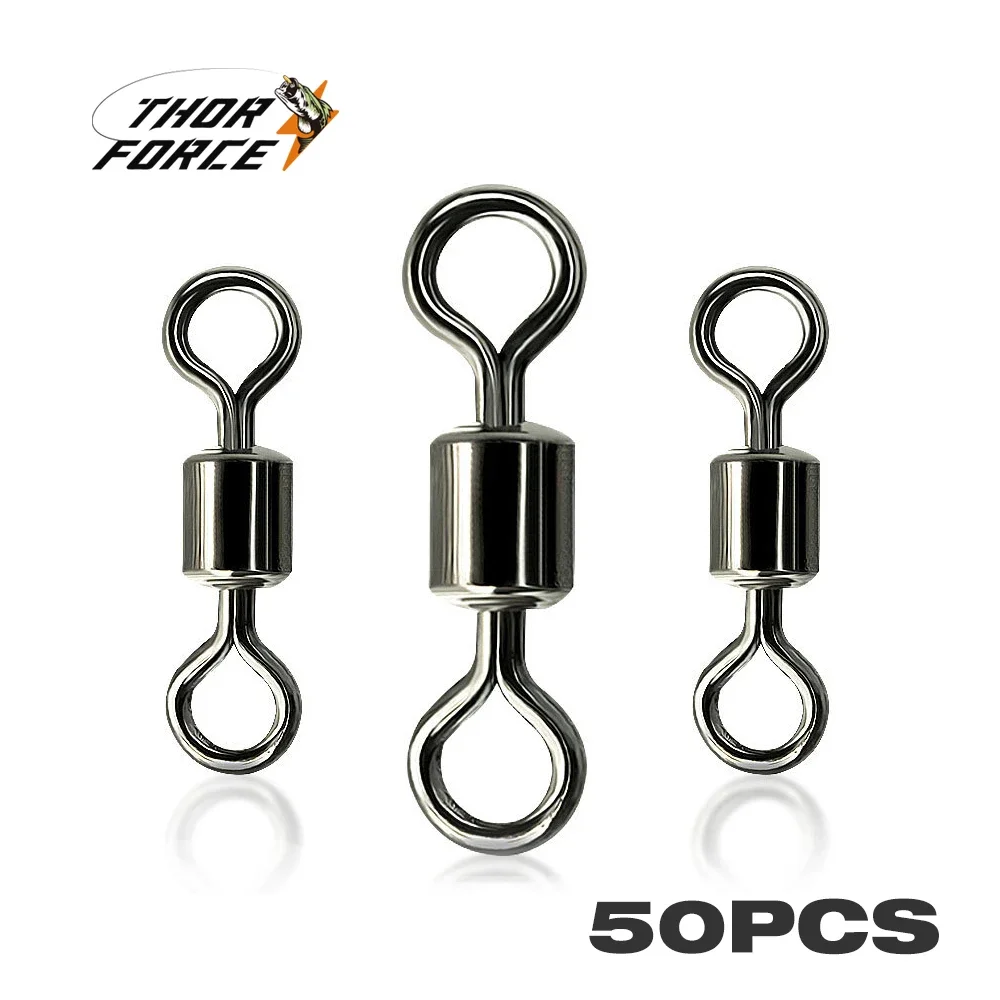 THORFORCE 50Pcs Fishing Connector Rolling Swivel Solid Ring Lures Stainless Steel Fishing Hooks Barrel Bearing Accessories Tool