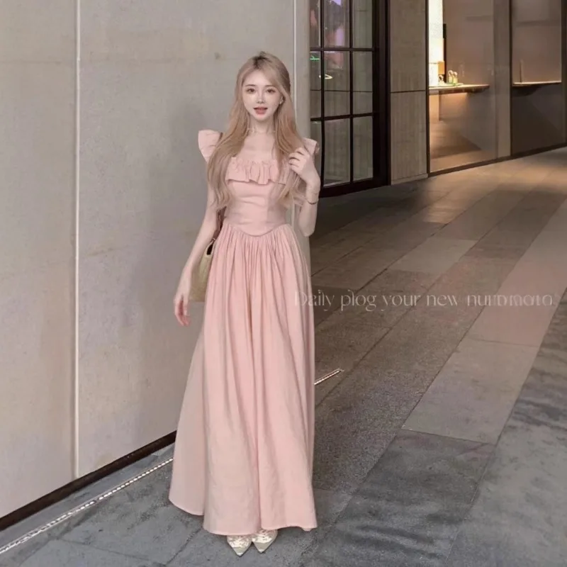 

Pink Ruffle Leaf Edge Square Neck Flying Sleeve Dress Summer Women's French Sweet Waist Skirt Beautiful Vacation Long Skirt New
