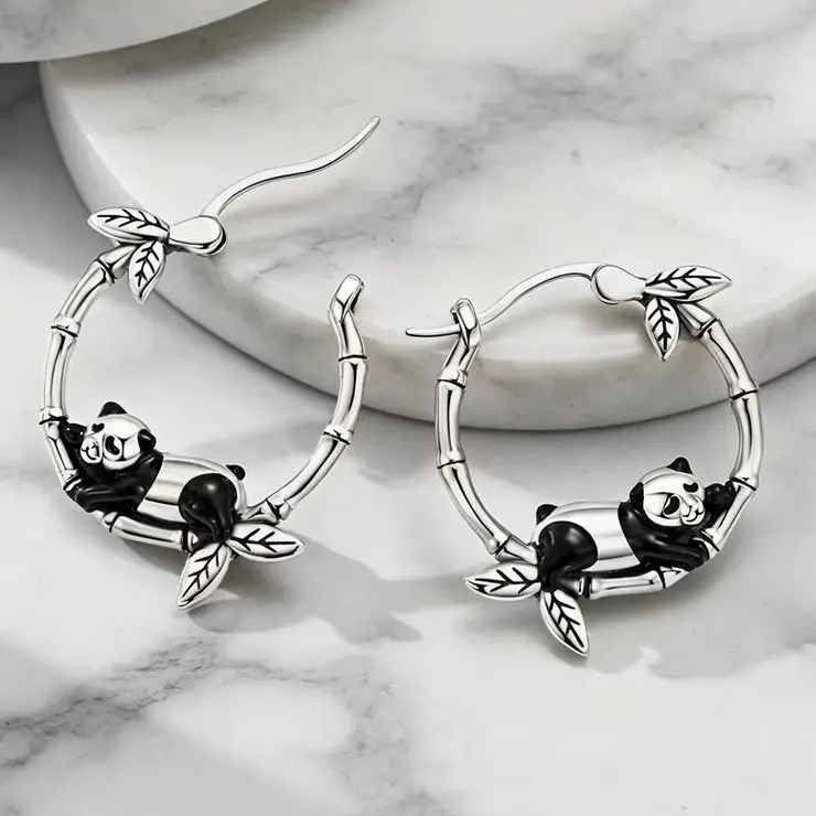 925 Sterling Silver Earring Cute Animal Panda Bamboo Round Shape Hoop Earring For Woman Party Fashion Jewelry Gift