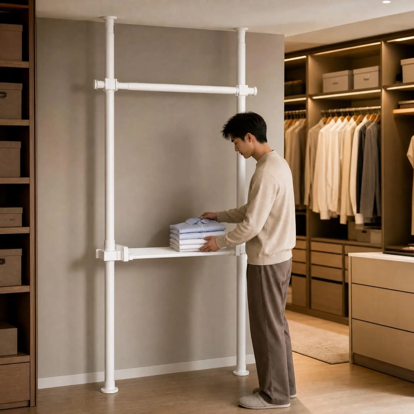 multi-purpose-clothing-storage-organizer-hanging-support-rod-tension-mounted-for-closet-dressing-room-rack