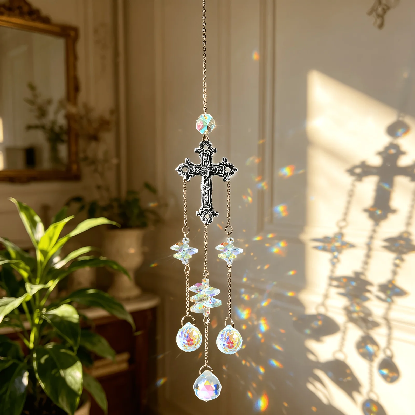 Cross-Shaped Sun Catcher Window Hanging Prism Crystal Lantern Outdoor Wind Chime Suitable for Window Garden Home Decor