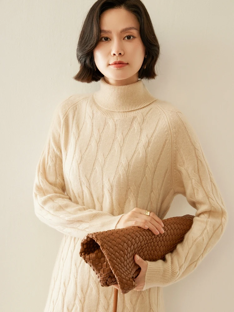 

Autumn Winter Women Sweater Cashmere Dress Turtleneck Thick Twist Flower Loose Pullover 100% Cashmere Knitted Long Sleeve Skirts
