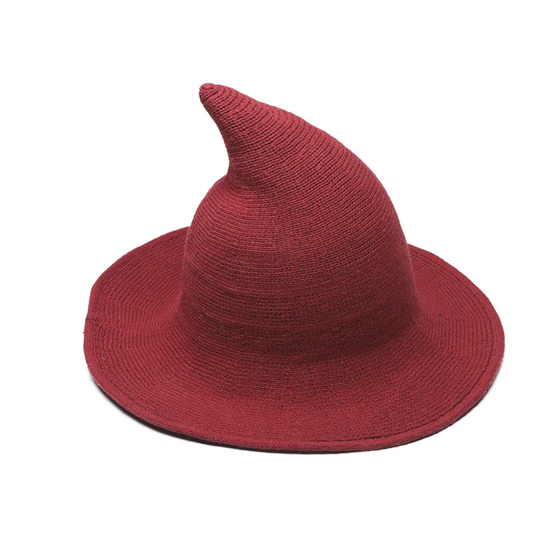 Red Halloween Knitted Hat For Women Girls Witch Hat Autumn and Winter Thicken Warm Wool Cap Foldable Female Magic Christmas Cap