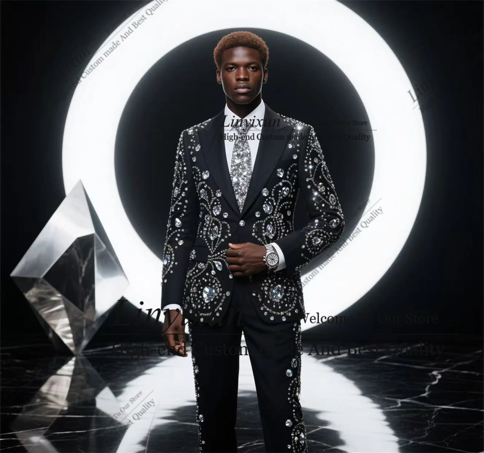 

Luxury Men Suit 2 Pieces Sets Groom Male Blazers Slim Fit Customized Wedding Tuxedos High End Beaded Crystals Ropa hombre