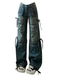 Women BF Style Y2k Streetwear Harajuku Baggy Multi-Pocket Blue Denim Cargo Pants Low Waisted Wide Leg Jeans 2000s Aesthetic Kpop