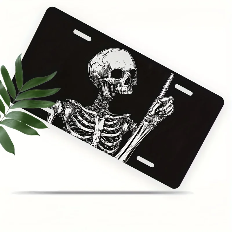 2D Flat, 1pc 2D Flat Poster Funny Skeleton Hand Gesture License Plate Frame - Aluminum Novelty Car Decoration, Polished Surface,