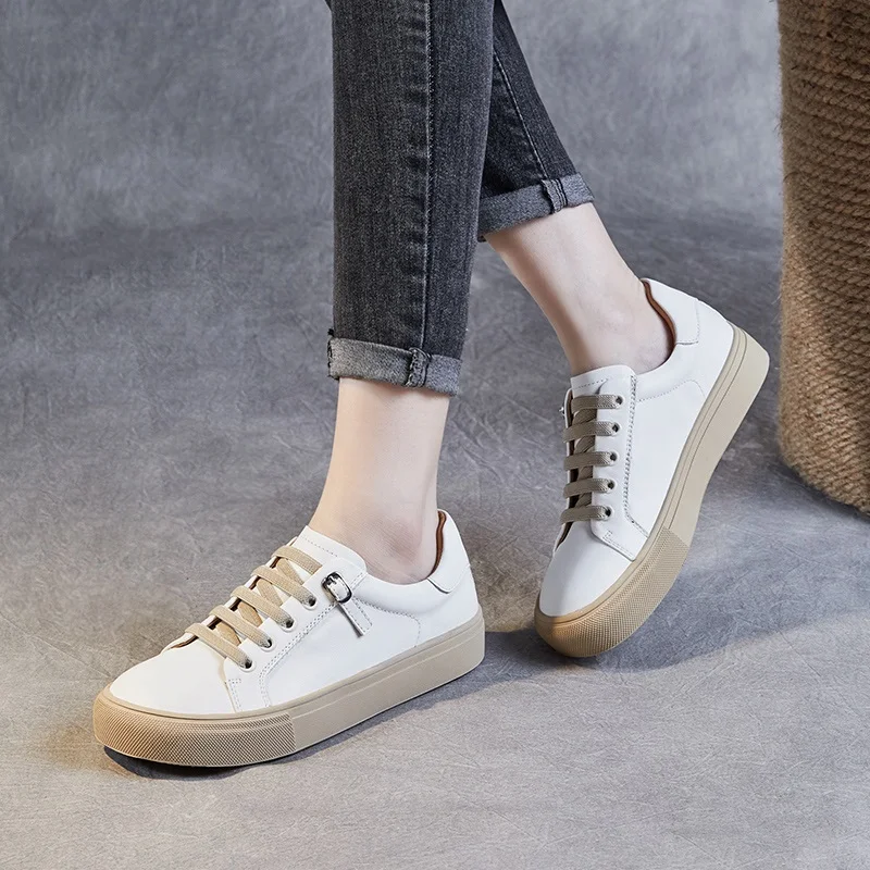 DRKANOL Concise Flat Shoes Women 2024 Spring Shallow Genuine Cow Leather Comfort Casual Sneakers Women Elastic Band Board Shoes