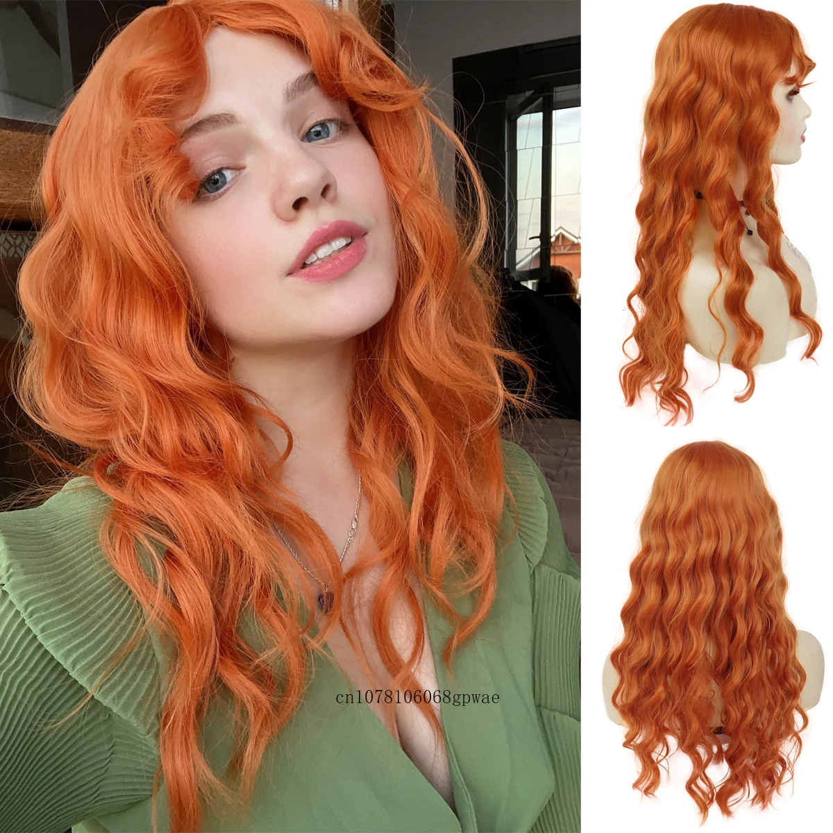 

Orange Wigs for Women Synthetic Curly Hair Long Water Wave Wig with Bangs Korean Style Cosplay Costume Halloween Party Lolita