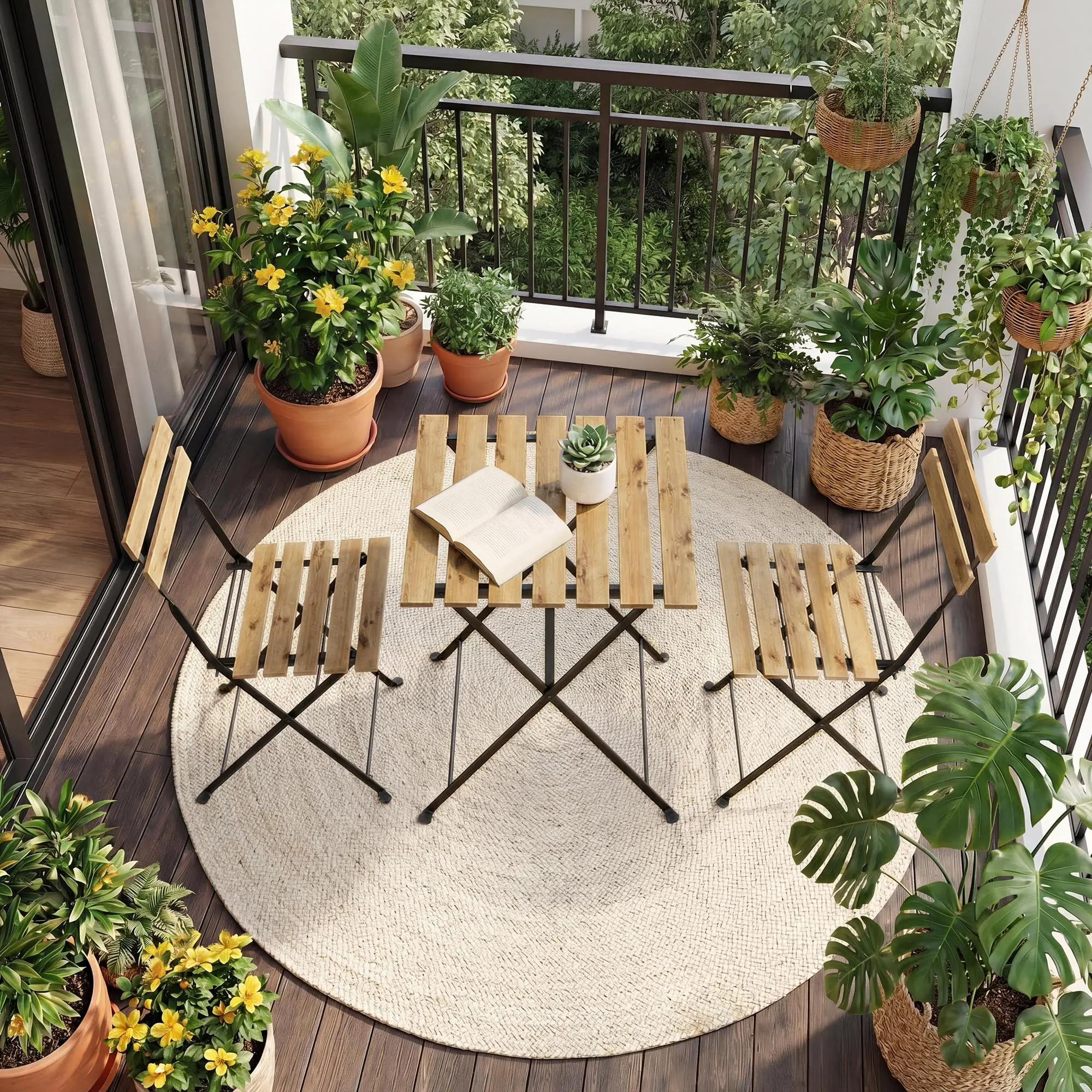 3 Piece Folding Patio Bistro Set For 2, Outdoor Metal Table And Chairs, Iron Wood Balcony Garden Yard Backyard Furniture