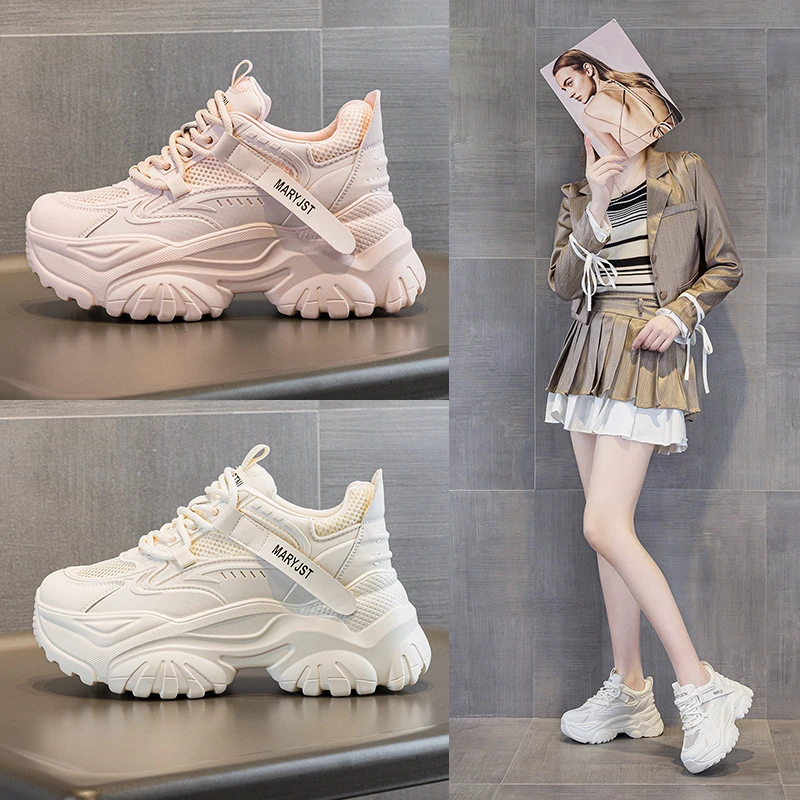 

Womens Breathable Mesh Dad Sneakers Spring Fashion All Match Thick Sole Height Increasing White Casual Sports Shoes Trendy Ladie