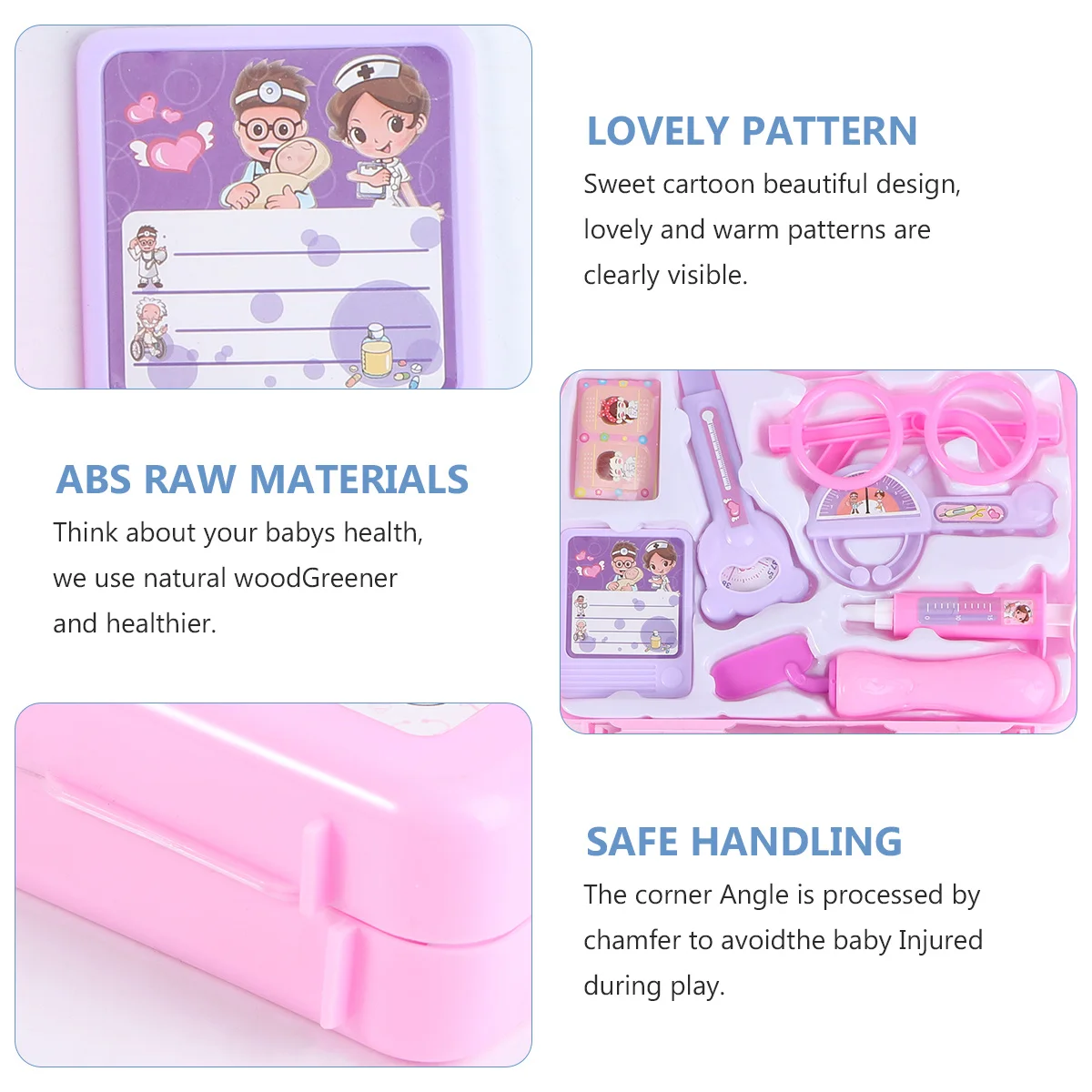 Estetoscopio de simulación rosa, conjunto médico para niños, madera respetuosa con el medio ambiente, juego de simulación duradero, diversión educativa