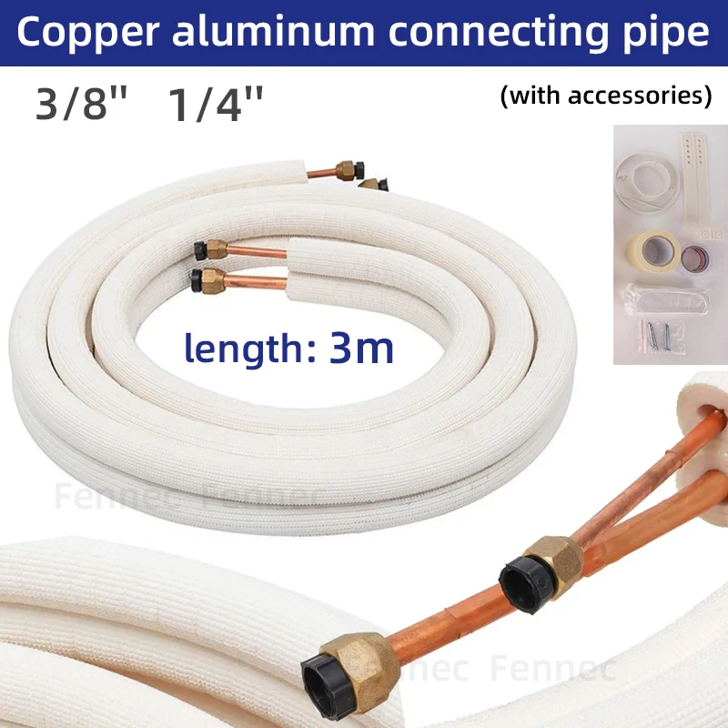 

Пара катушек для кондиционера 3 м, трубка 1/4 дюйма, 3/8 дюйма, изолированная медная труба, провод, детали кондиционера, трубка хладагента с аксессуарами