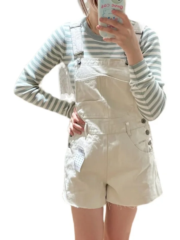 Macacão Jeans Feminino Retrô Americano com Alças, Detalhes de Franjas e Barra Desfiada, Top Curto, Calça Casual de Algodão de Cintura Alta