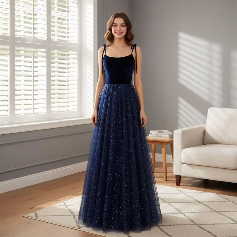 

Blue Straps Tulle Evening Ball Gown Maxi Christmas Gowns Formal Event Dress Birthday Elegant Evening Party Dresses Women Elegant