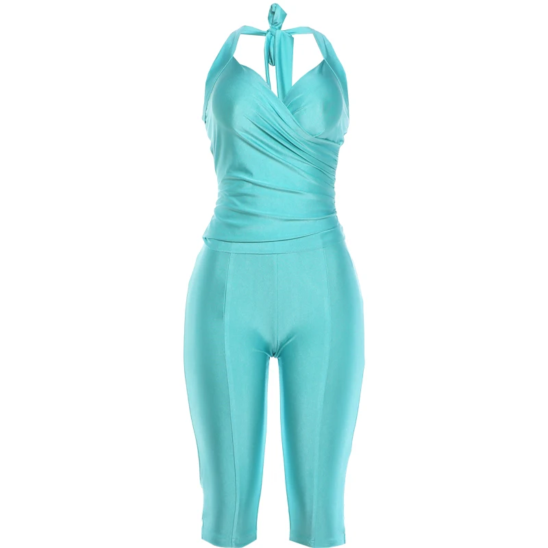 Sisterlinda Sexy Satin 2-Teiliges Set Damen Kreuzhalter Rückenfreies Bandage-Top + Caprihose Trendige Mode Street Party Anzüge – Detail 2