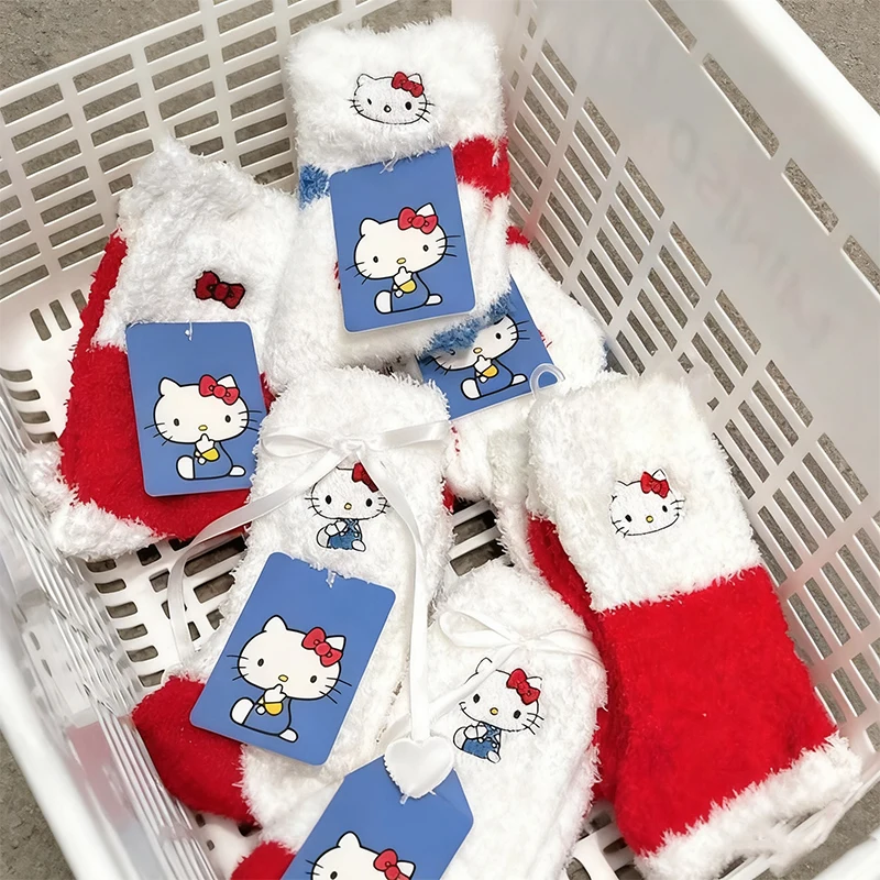 

Kawaii Hellokitty Plush Socks Cartoon Embroidered Mid Tube Socks for Warmth Versatile Thickened Warmth Home Floor Socks