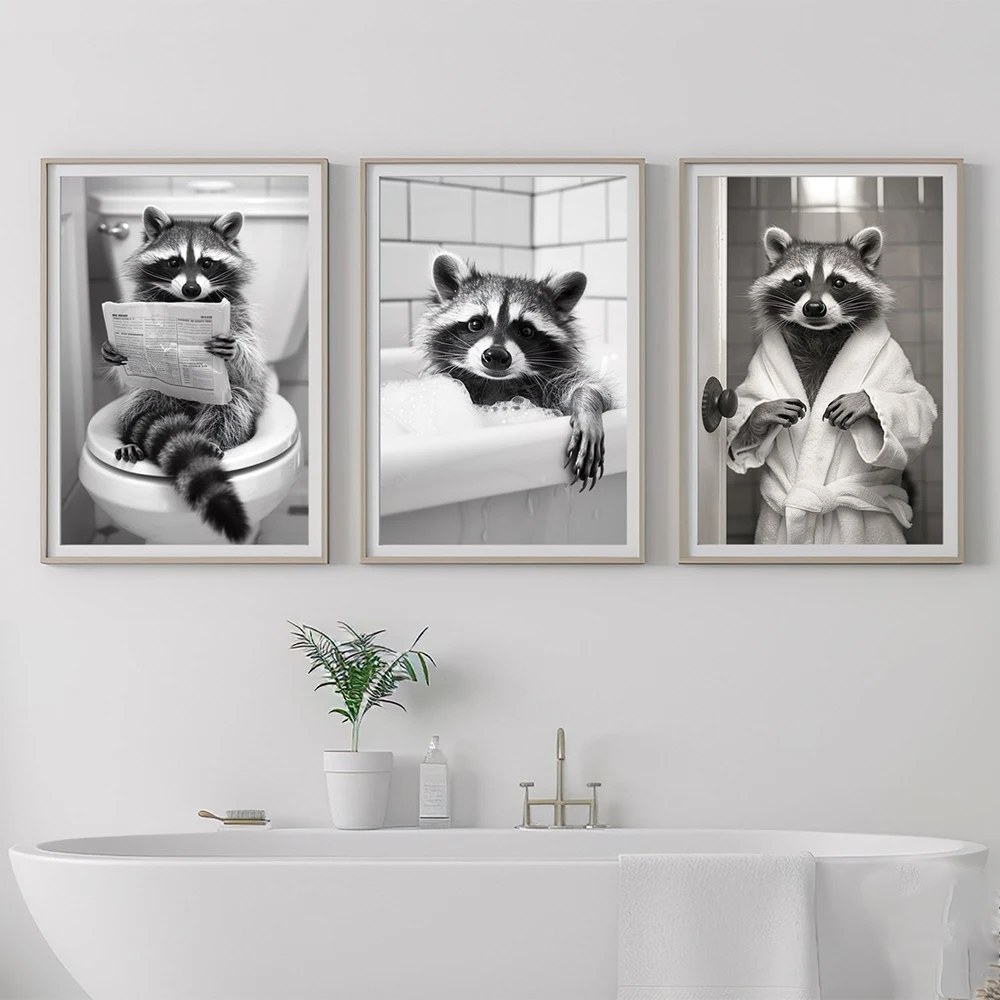 Funny Raccoon Bathroom Wall Art Print Raccoon in Bathrobe Poster Raccoon Taking a Bath Pictures Raccoon on Toilet Mural Decor