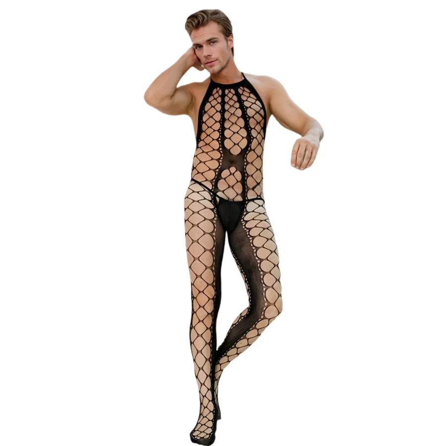 

Sexy Trendy Men's Hollow Large Mesh One-Piece Suit Backless Elastic See-through Tempting Sleepwear