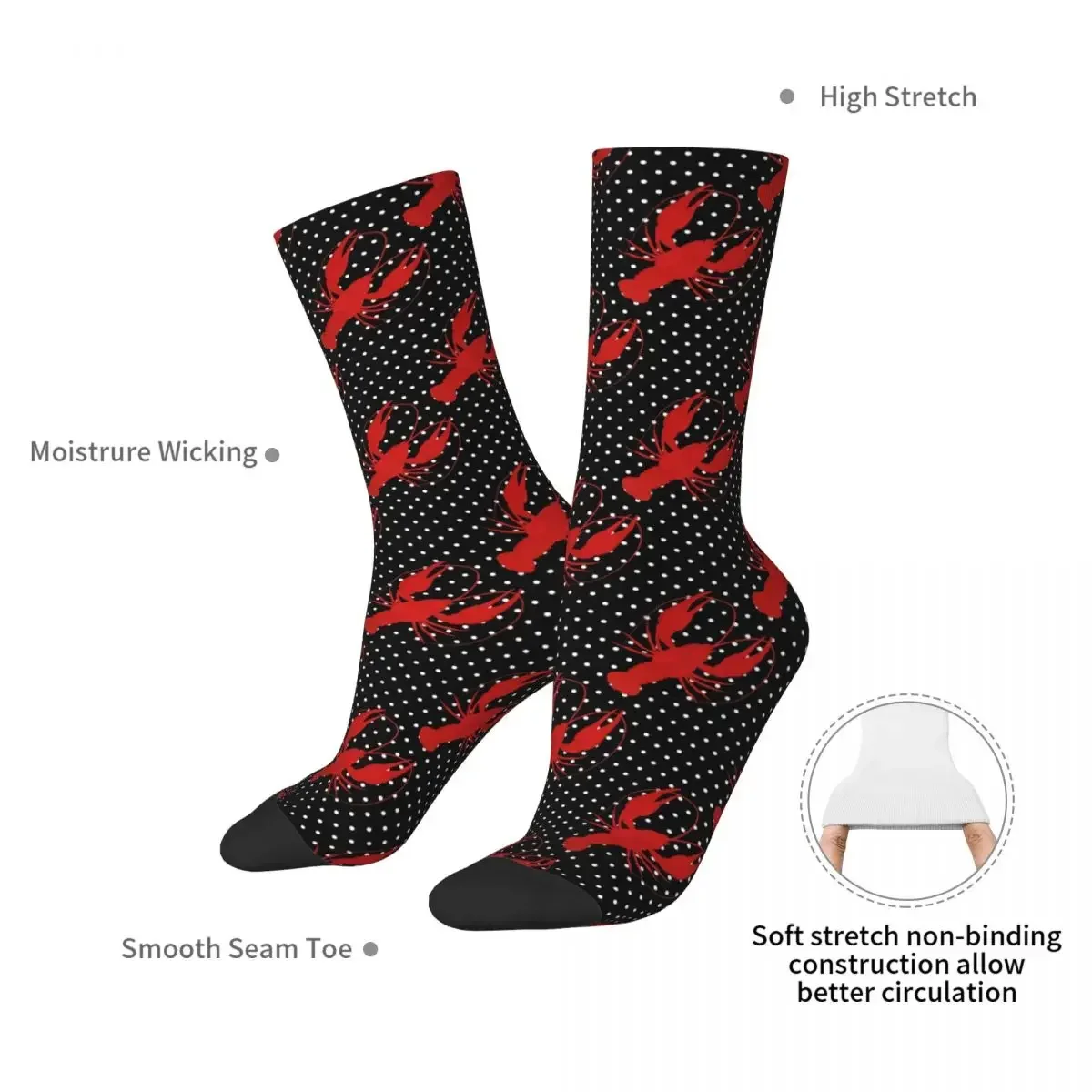 Red Lobster Polka  Black Socks Harajuku High Quality Stockings All Season Long Socks for Man's Woman's Birthday Present