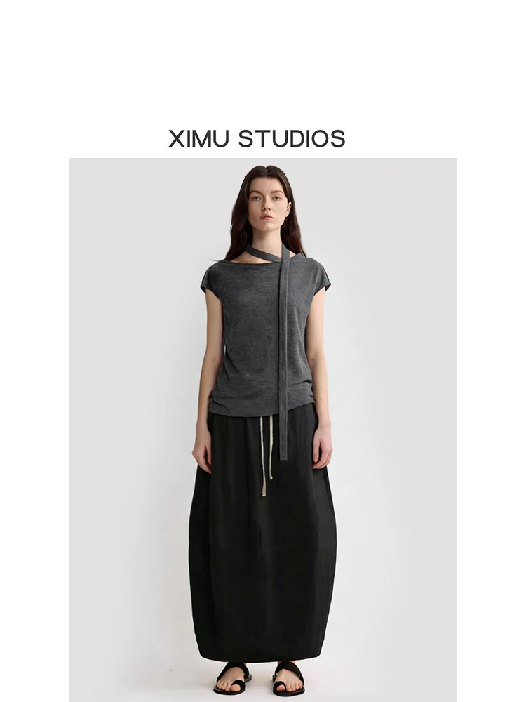 

XIMU STUDIOS Ruche Design Women's Fashionable Sleeveless Wool T-shirt Loose Fit round Neck Thin Spring Casual Top