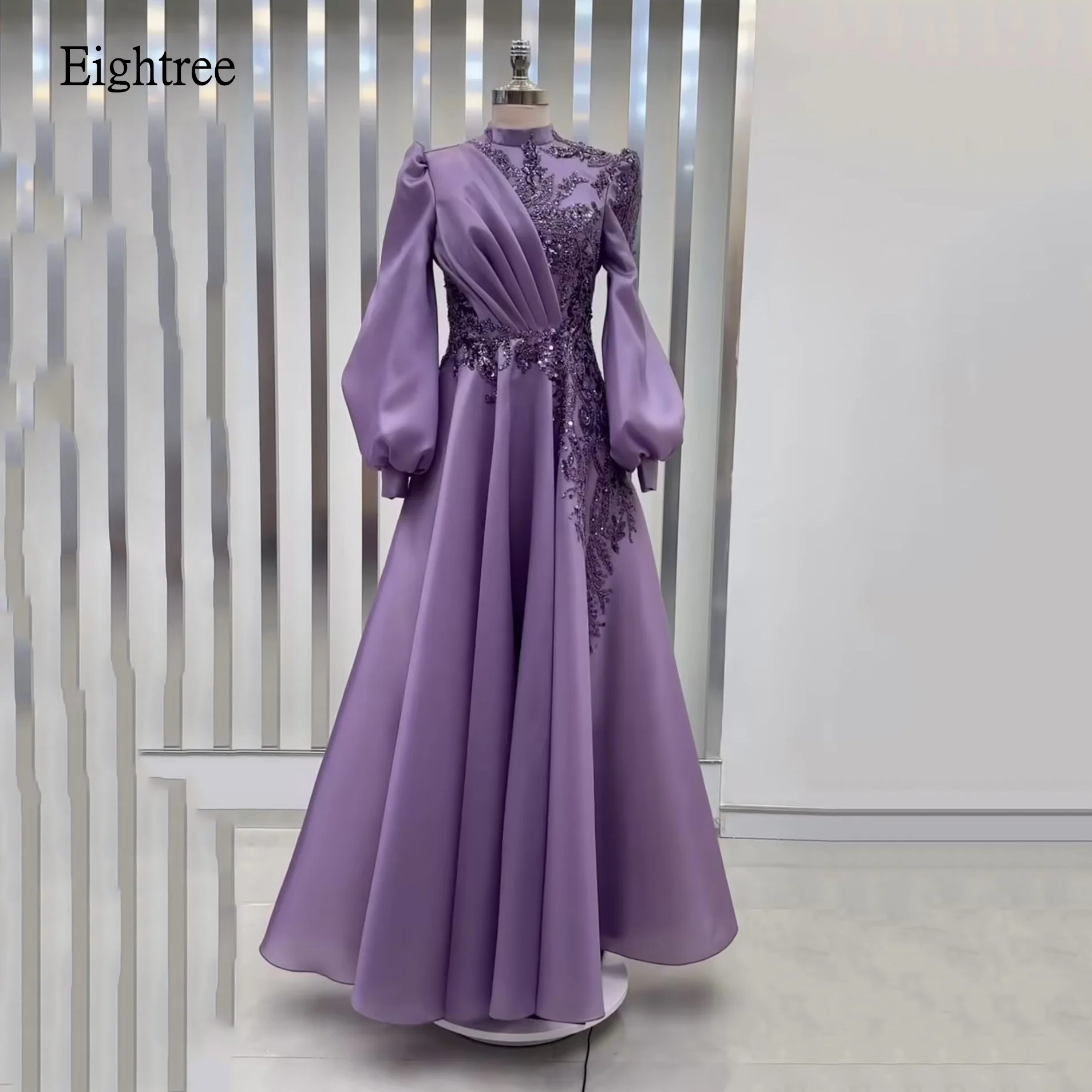 

Eightree Purple A Line Prom Gowns Long Sleeves With Bead Formal Party Gown Saudi Floor Length Evening Dress Customized