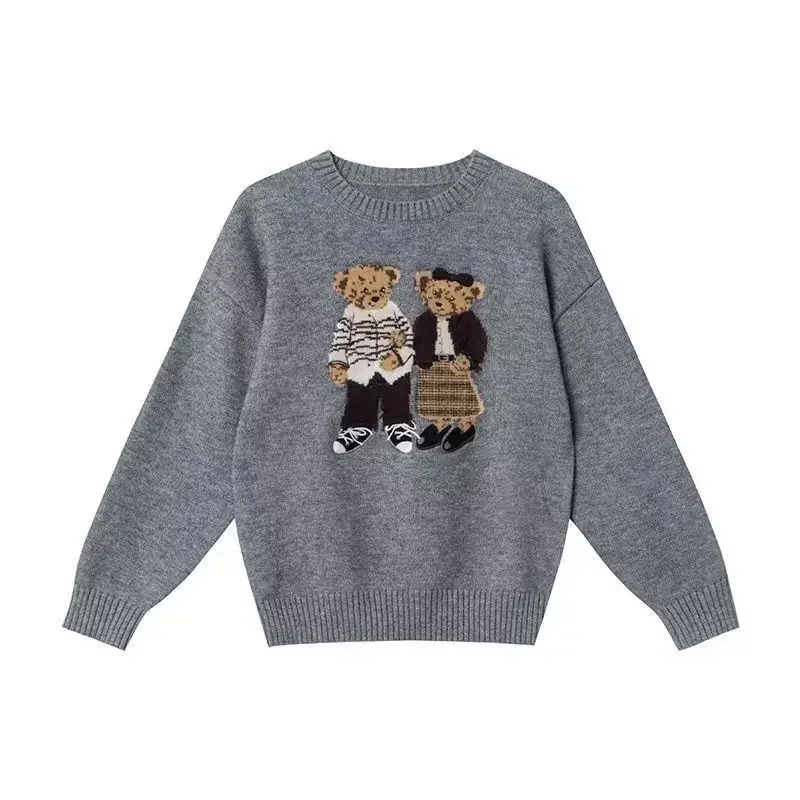 Harajuku Cartoon Bear Jacquard Knitted Sweater Women Pullover Autumn Winter Oversize Sweater Casual Sweet Korean Kawaii Jumpers