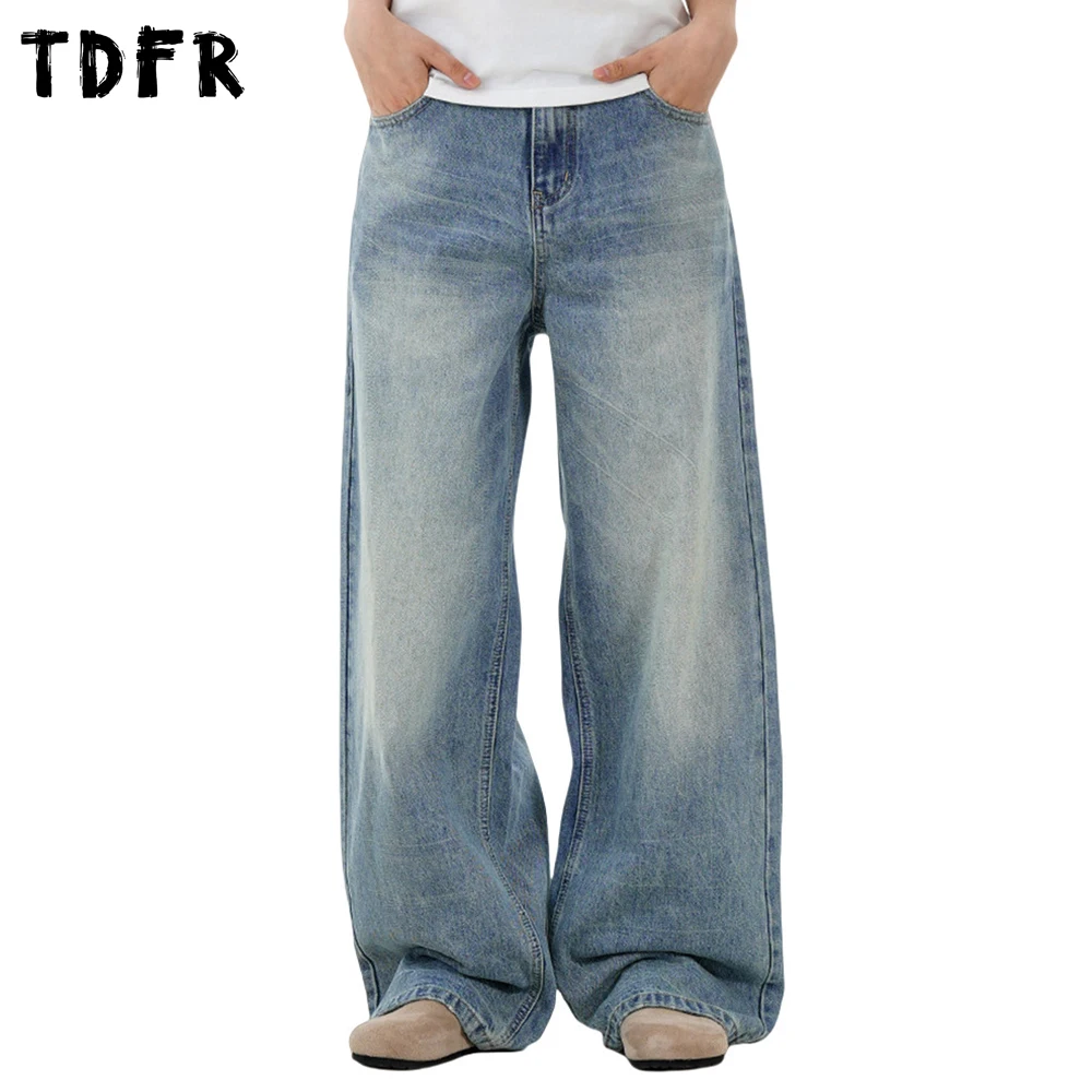 

Retro Straight Jeans Mens Pocket Streetwear Casual Washed Distressed Loose Wide Leg Denim Pants Men