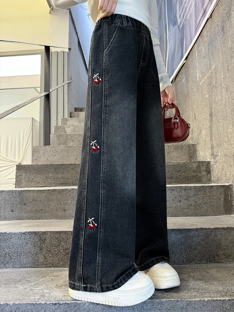 

Thickened Fleece Autumn Winter Denim Jeans Girls Cherry Embroidery Wide Leg Pants Trendy Natural Waist Jeans for School Girls