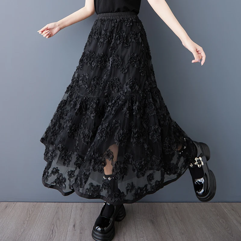NYFS 2025 ฤดูร้อนใหม่VINTAGE Elasticเอวกระโปรงผู้หญิงแฟชั่นสีดําตาข่ายหัตถกรรมดอกไม้กระโปรงยาว