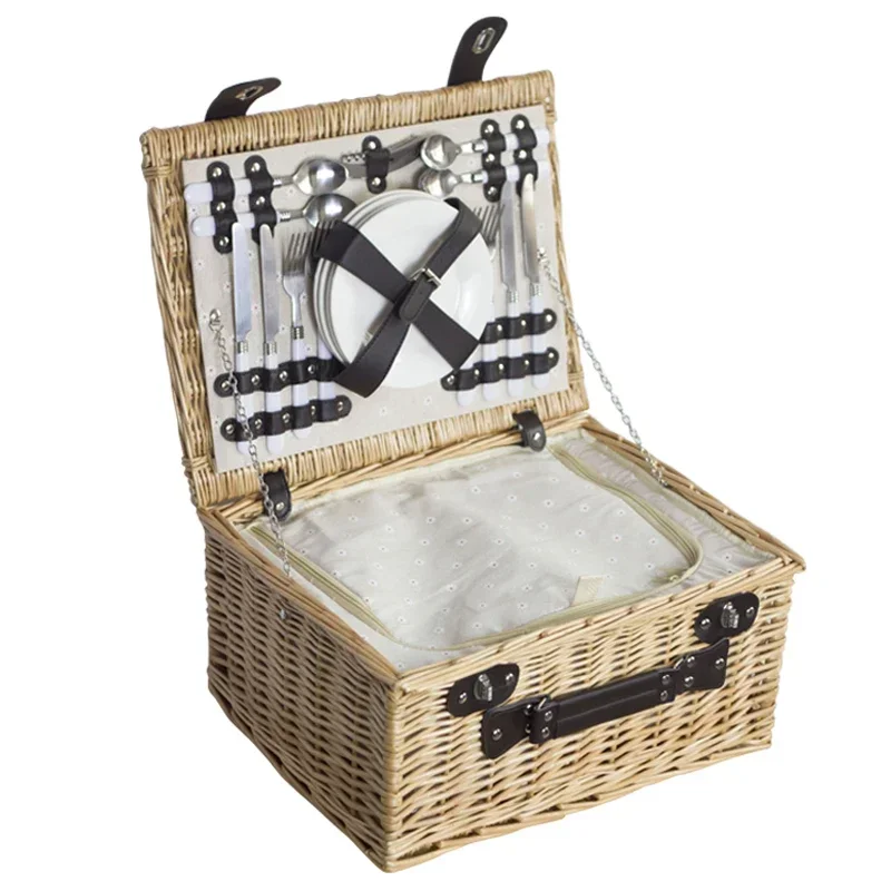 

A Rattan Woven Picnic Basket Set Wicker Woven Outdoor Wilderness Incubator Large Storage Basket Wild Potluck Food Basket