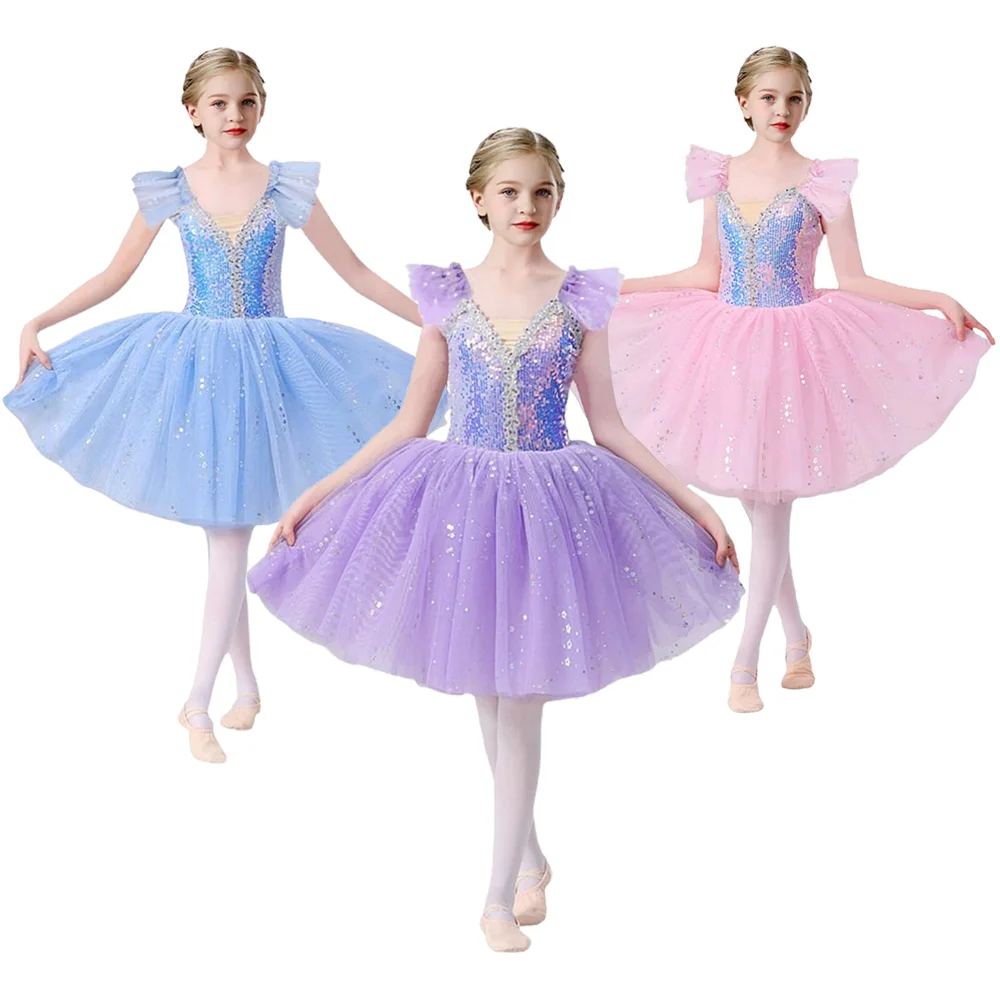 Robes de danse pour filles, robes de ballet pour enfants, robes de danse à paillettes pour filles, costumes de spectacle collectif pour enfants