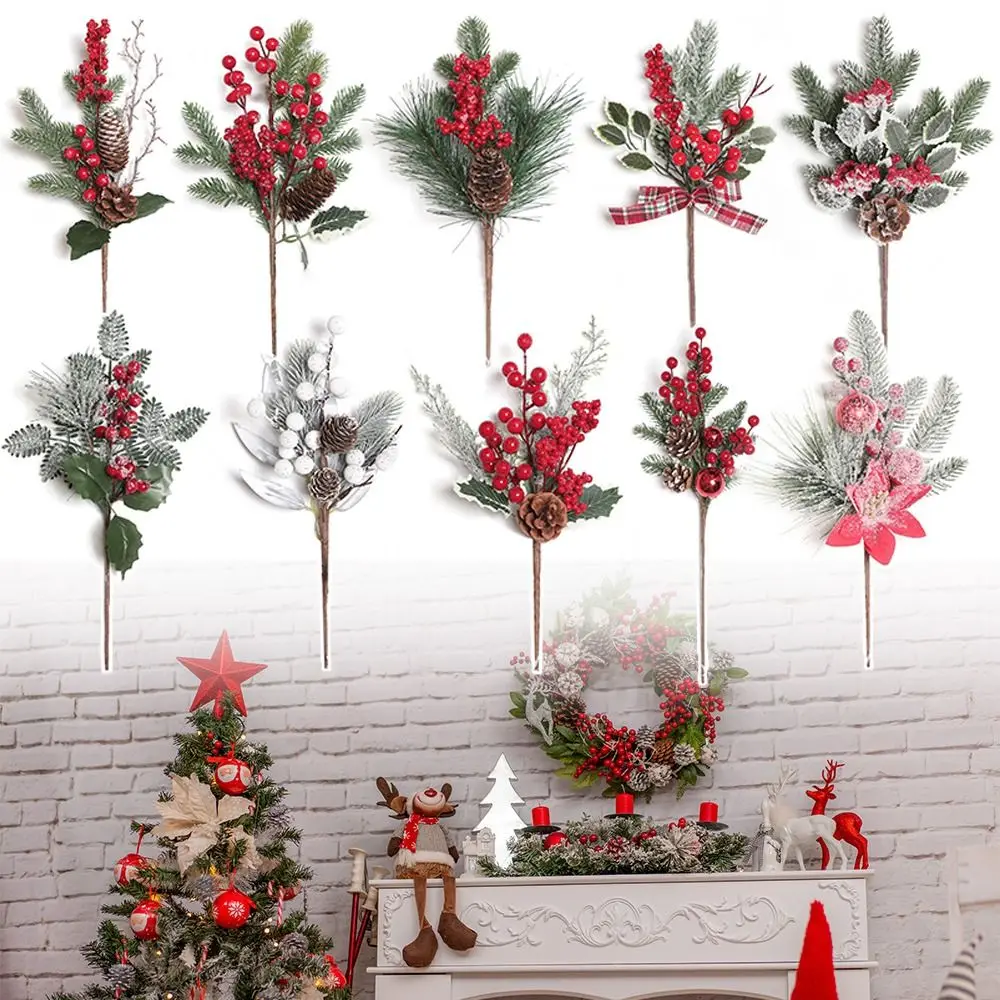 Green&Red Christmas Pine Branches Home Decoration Xmas Tree Ornaments Simulation Red Berries Floral Arrangement DIY Accessories