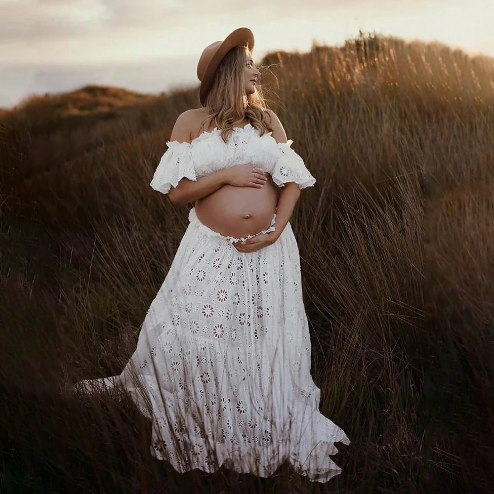 Ensemble de robe de maternité 2 pièces pour séance photo, broderie florale, haut court à volants et jupe longue à fente latérale pour baby shower