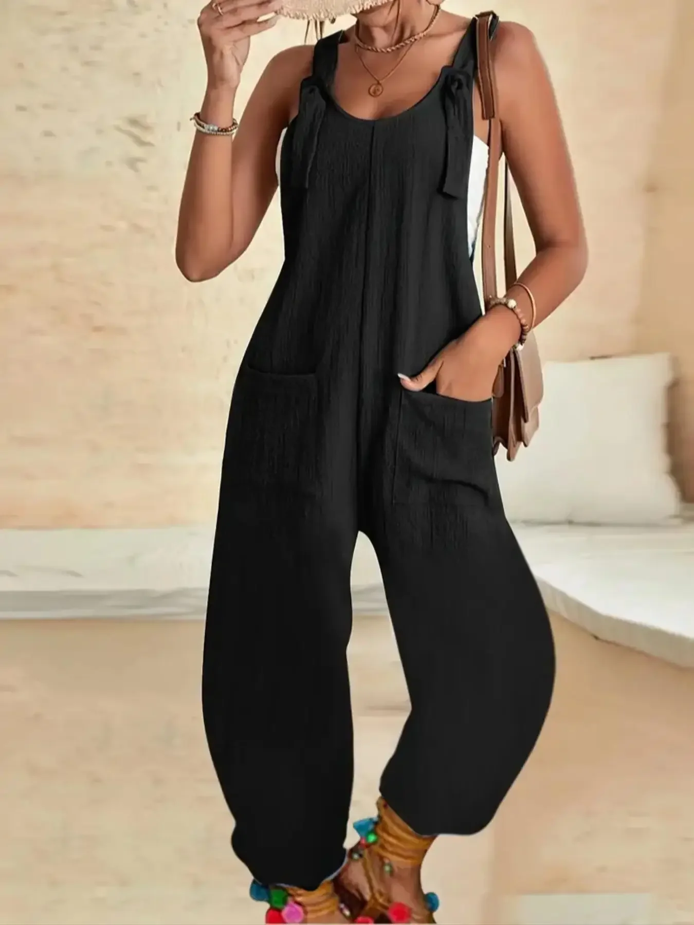 Plus Size 1XL-5XL Women Casual Suspender V-neck Jumpsuit Ladies Fashion Solid Color Loose Elegant Jumpsuit