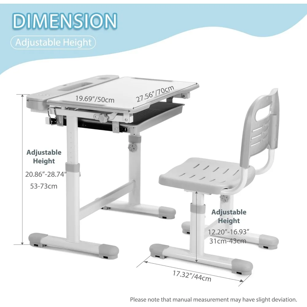 Conjunto de mesa e cadeira infantil Mesa e cadeira de estudo escolar com altura ajustável com 55 °   Desktop inclinável, 3 modos e 3 lâmpadas LED de brilho