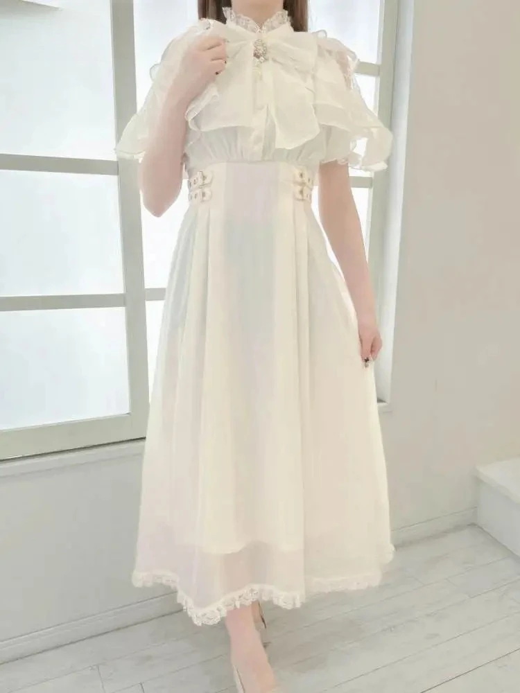 Estilo japonês véu capa dupla camada de renda lolita vestido de cintura alta verão lolita elegante arco fora do ombro vestidos longos