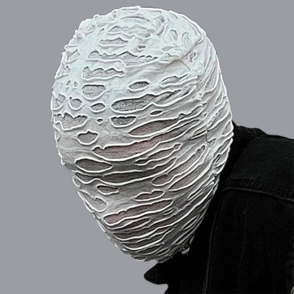 

Full Face Head Cover Hat Men Balaclava Cap Mesh Hole See-through Mummy Torn Hood Halloween Mask Dancing Headgear Breathable