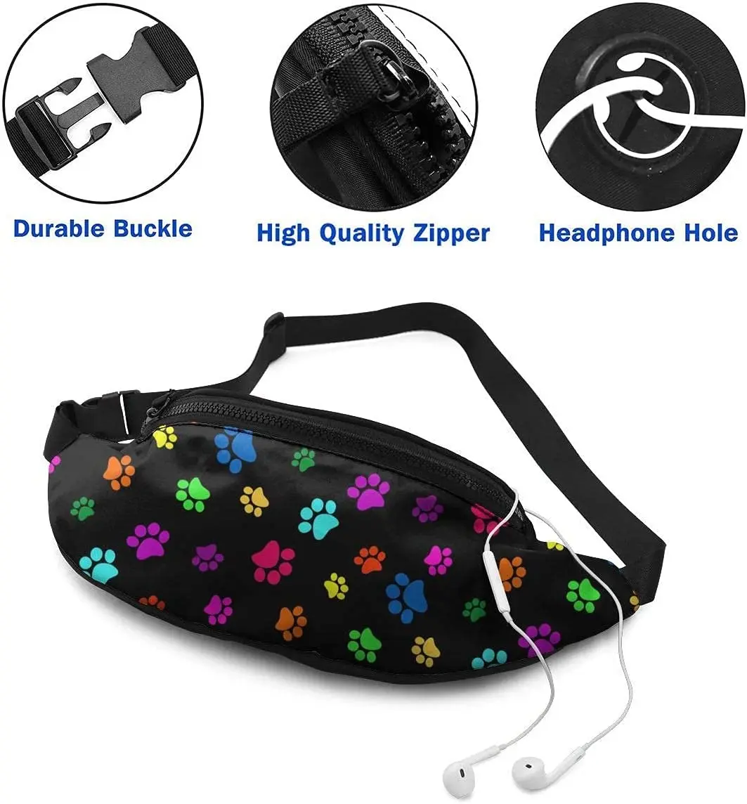 Colorful Dog Cat Paw Print Fanny Pack for Women MenWaist Bag Adjustable Belt Waist Pack for Travel Sports Running Hiking Cycling