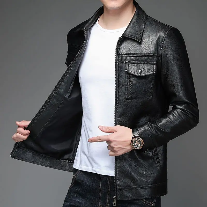

2025 Men's Leather Jacket Korean Streetwear Edgy Collared Slim Fit Warm Winter Coat